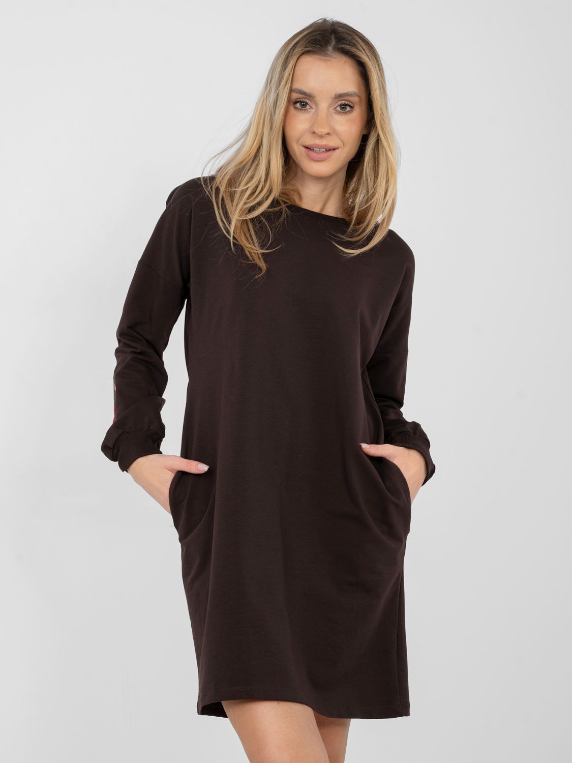 Brown cotton mini dress with long sleeves and pockets