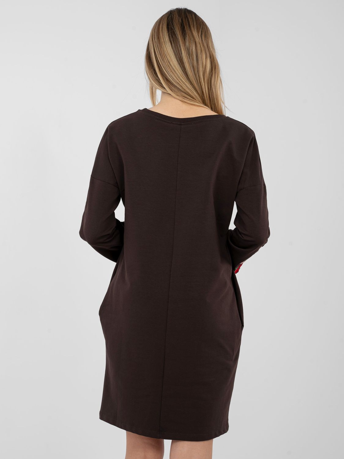 Brown cotton mini dress with long sleeves and pockets