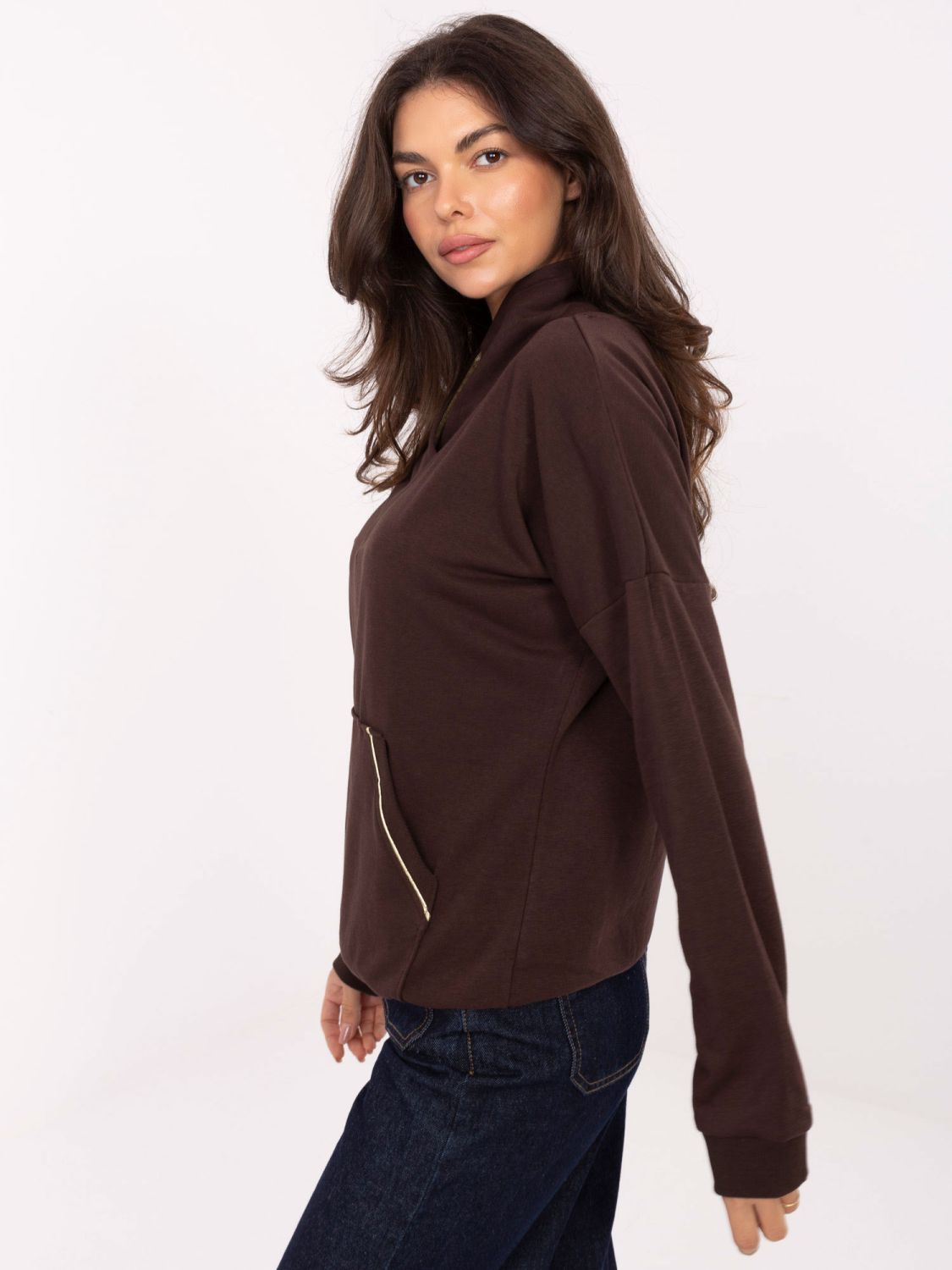 Brown cotton sweatshirt with collar and pocket