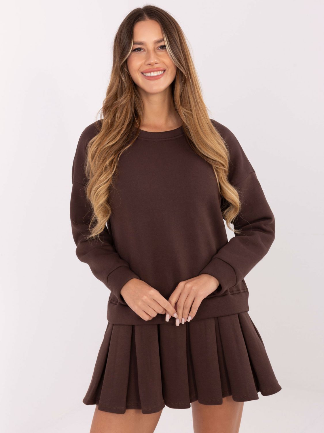 Brown flared mini dress with long sleeves