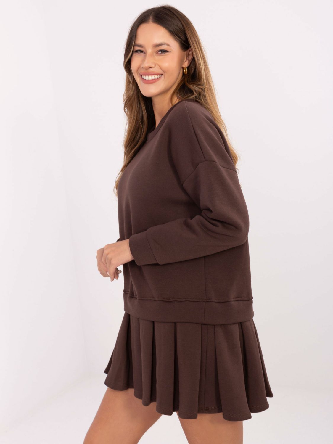 Brown flared mini dress with long sleeves