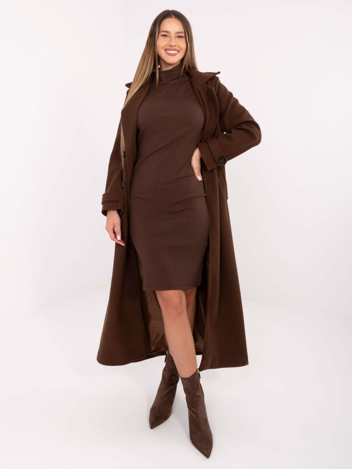 Brown Ribbed Pencil Dress with Turtleneck