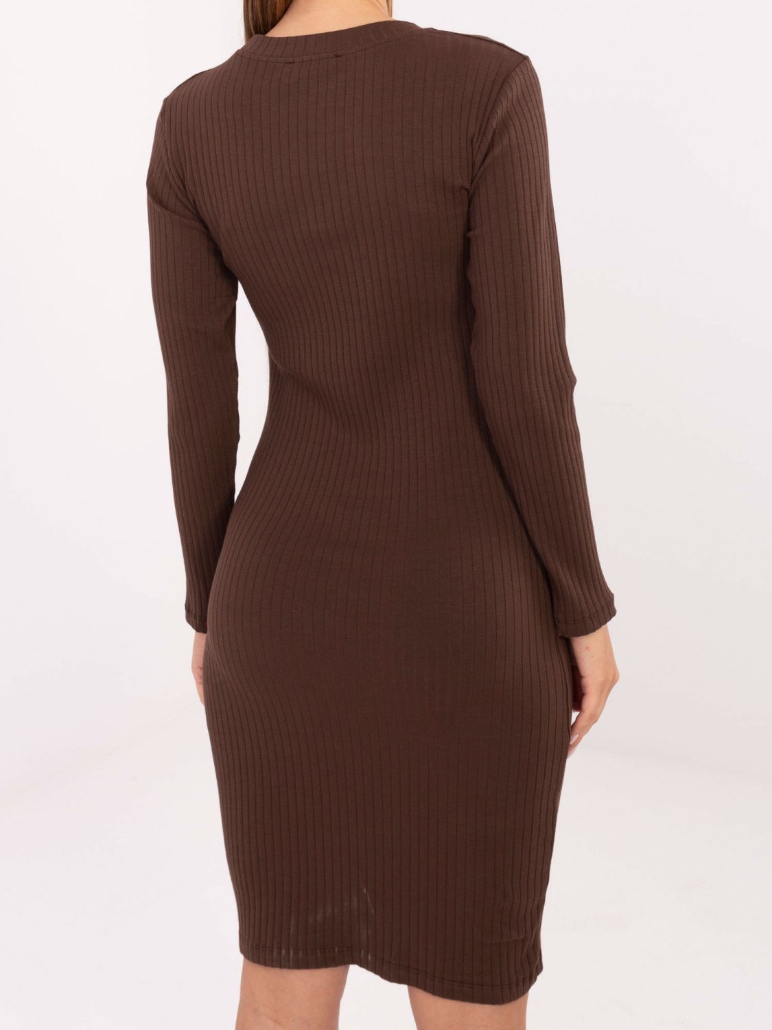Brown ribbed pencil dress with long sleeves