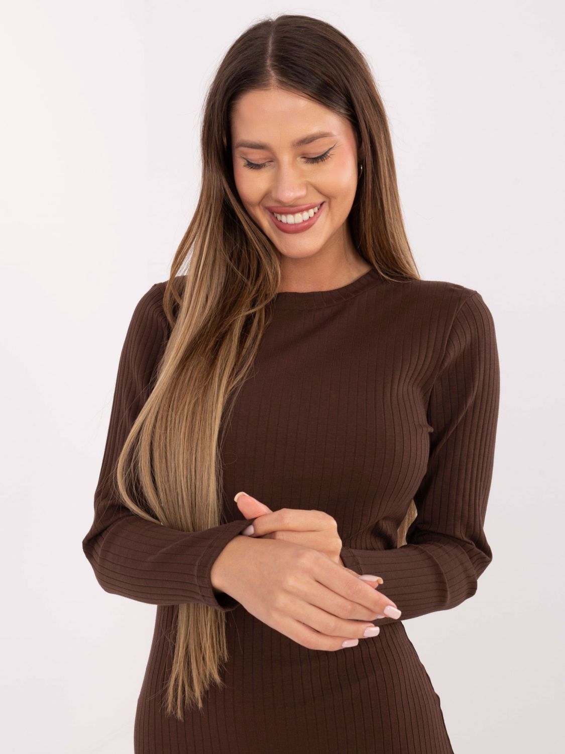 Brown ribbed pencil dress with long sleeves