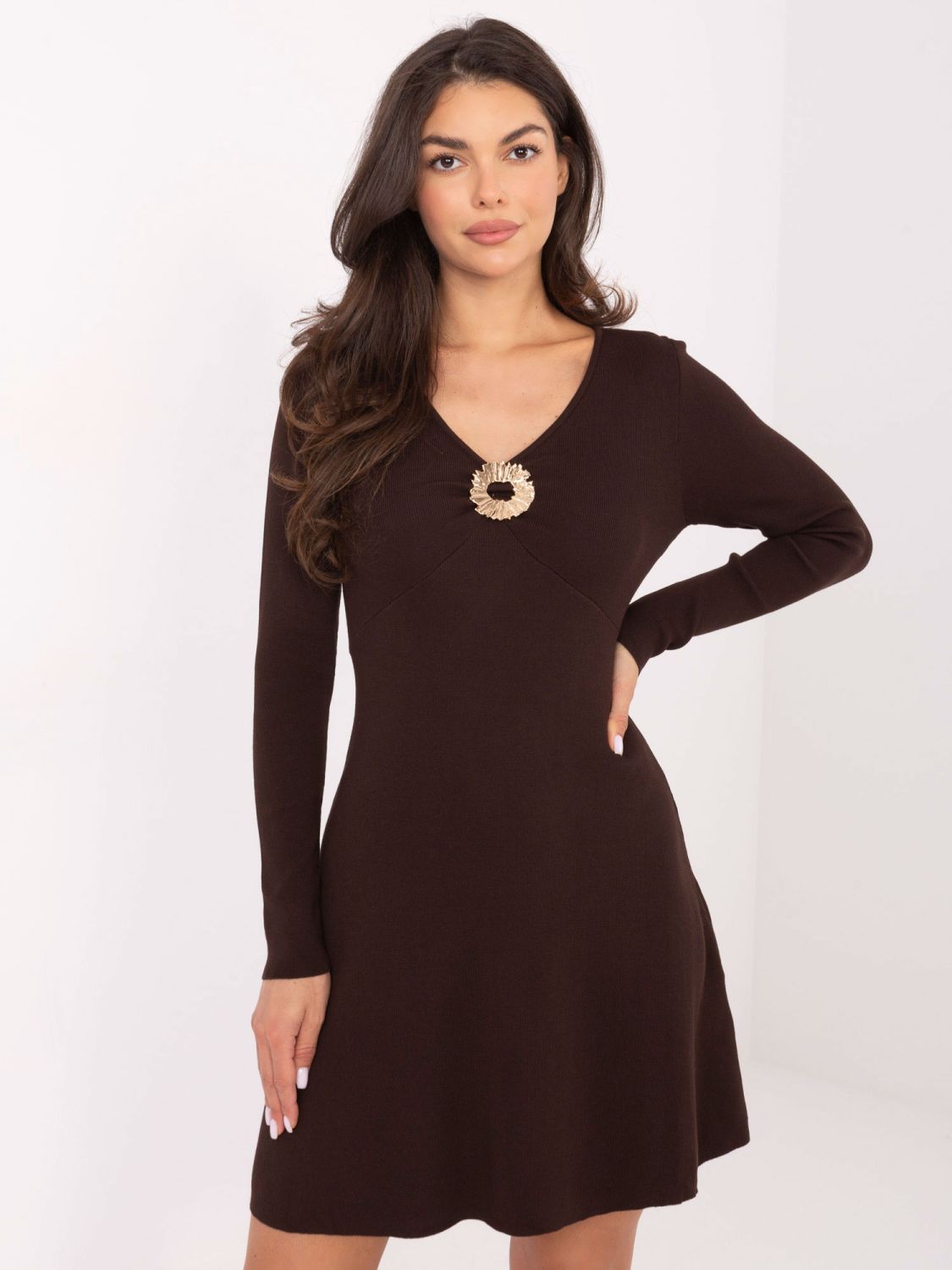 Elegant ribbed mini dress with long sleeves, brown