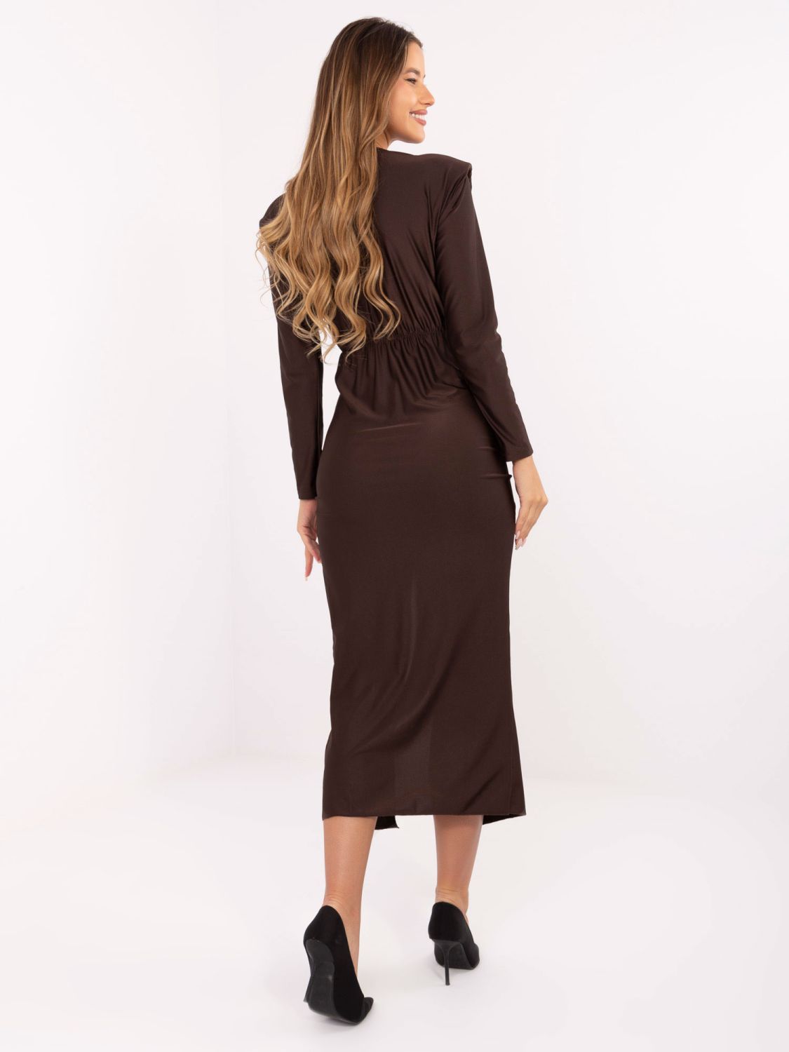 Brown midi pencil dress with wrap neckline