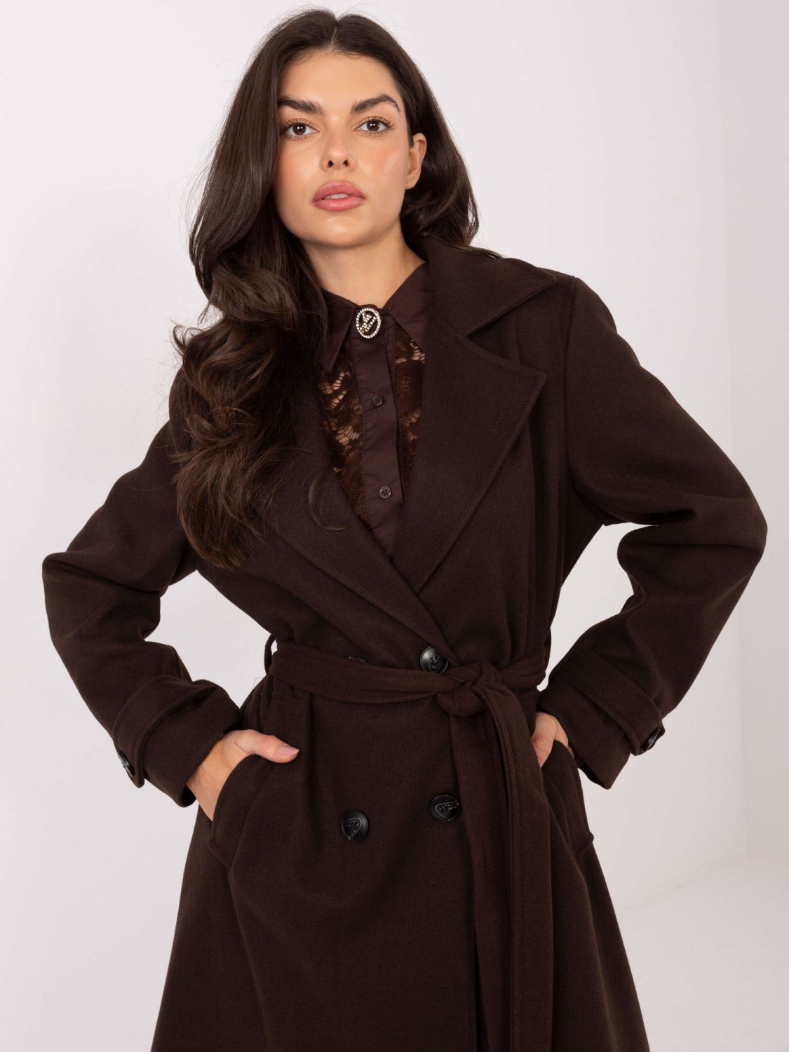 Elegant long transitional coat in brown