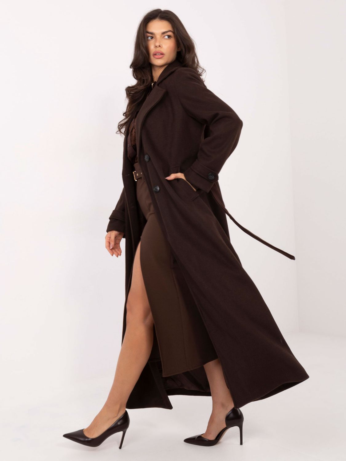 Elegant long transitional coat in brown