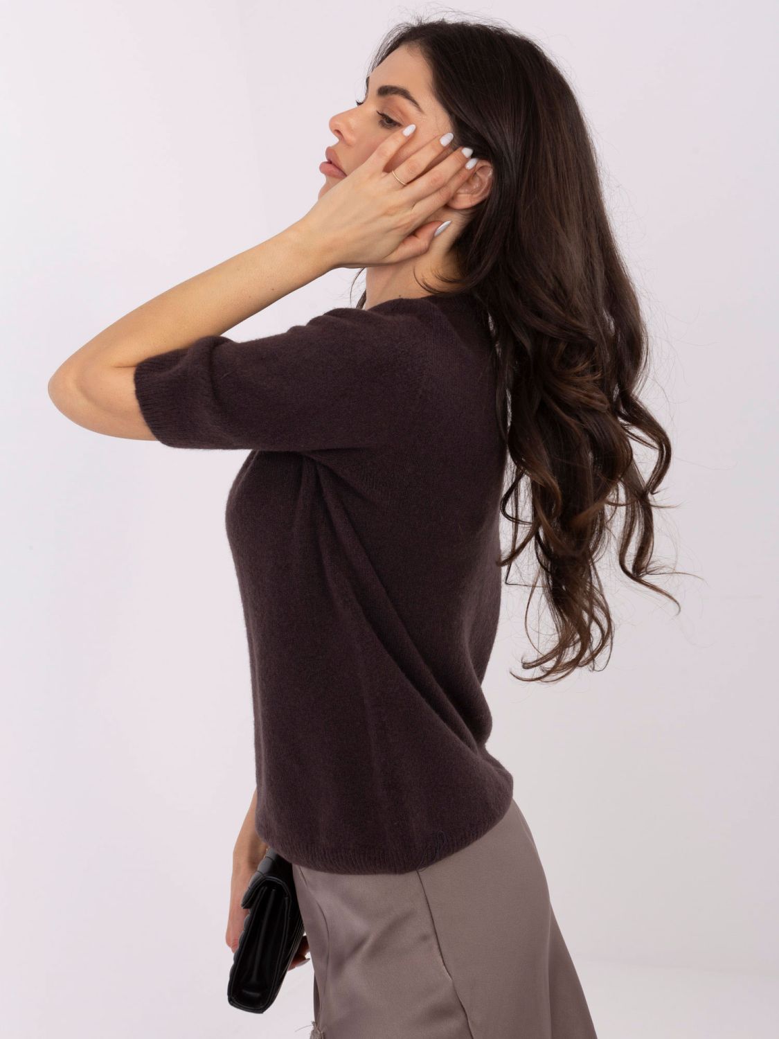 Short brown baby alpaca sweater