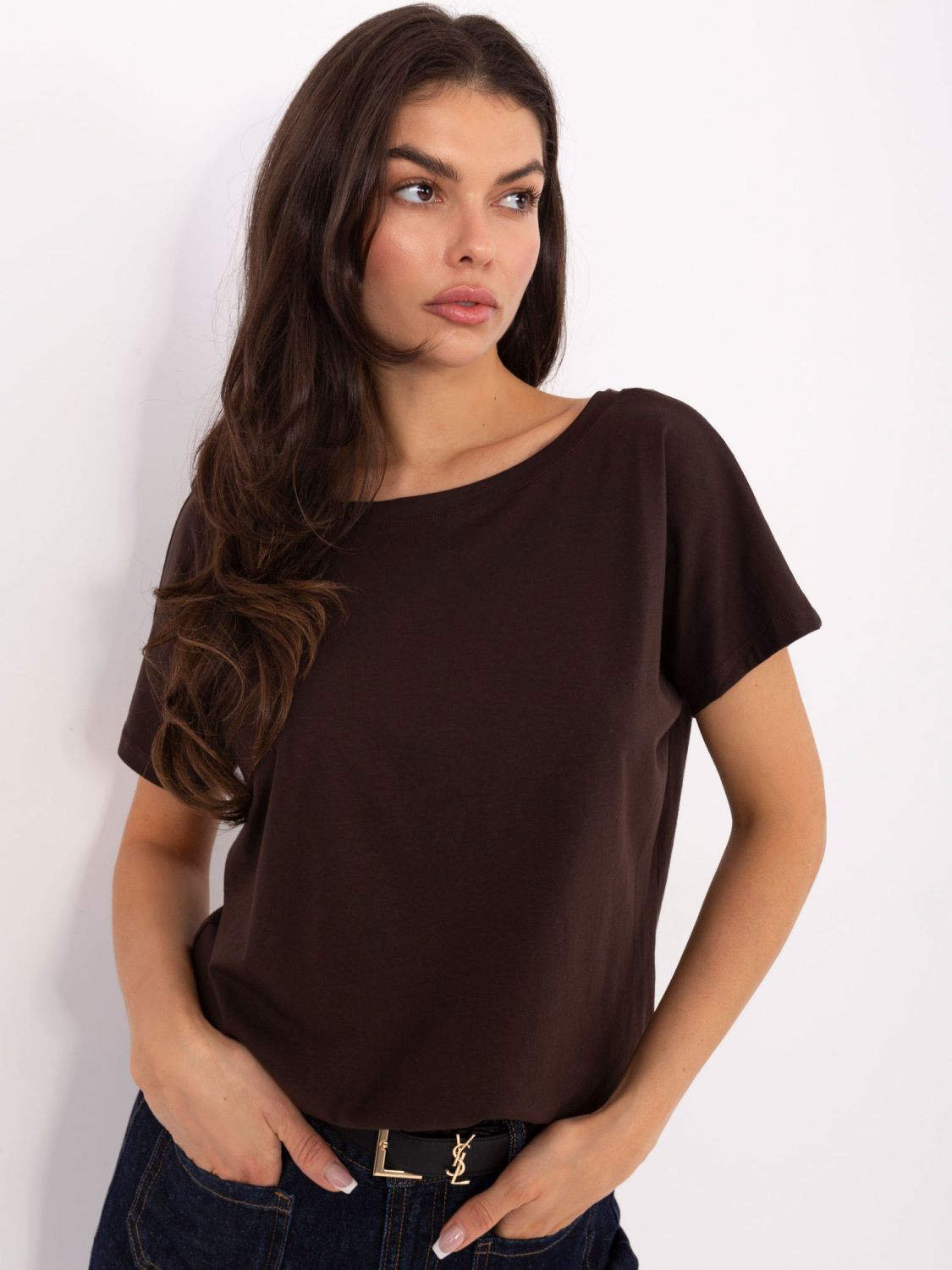 Brown cotton T-shirt with boat neckline