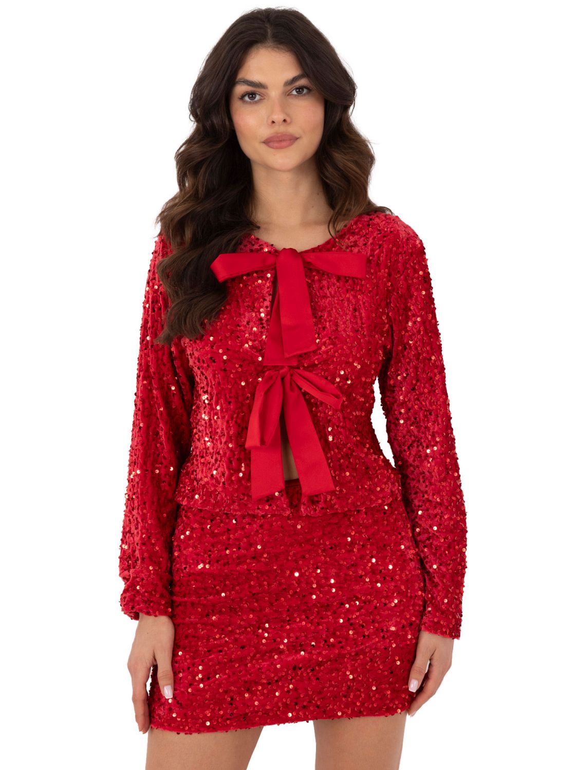 Red elegant short cardigan with sequins and lining