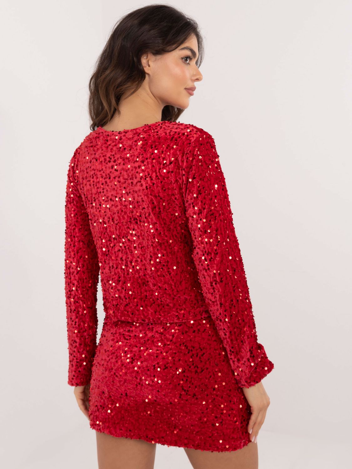 Red elegant short cardigan with sequins and lining