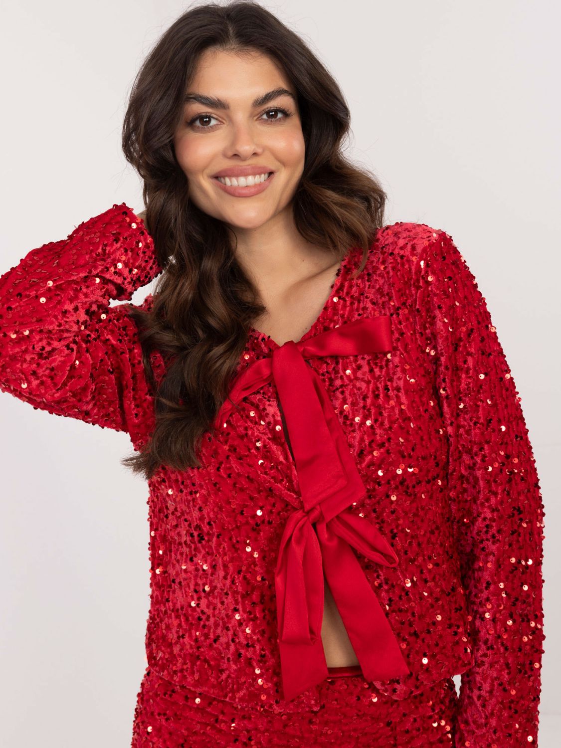 Red elegant short cardigan with sequins and lining