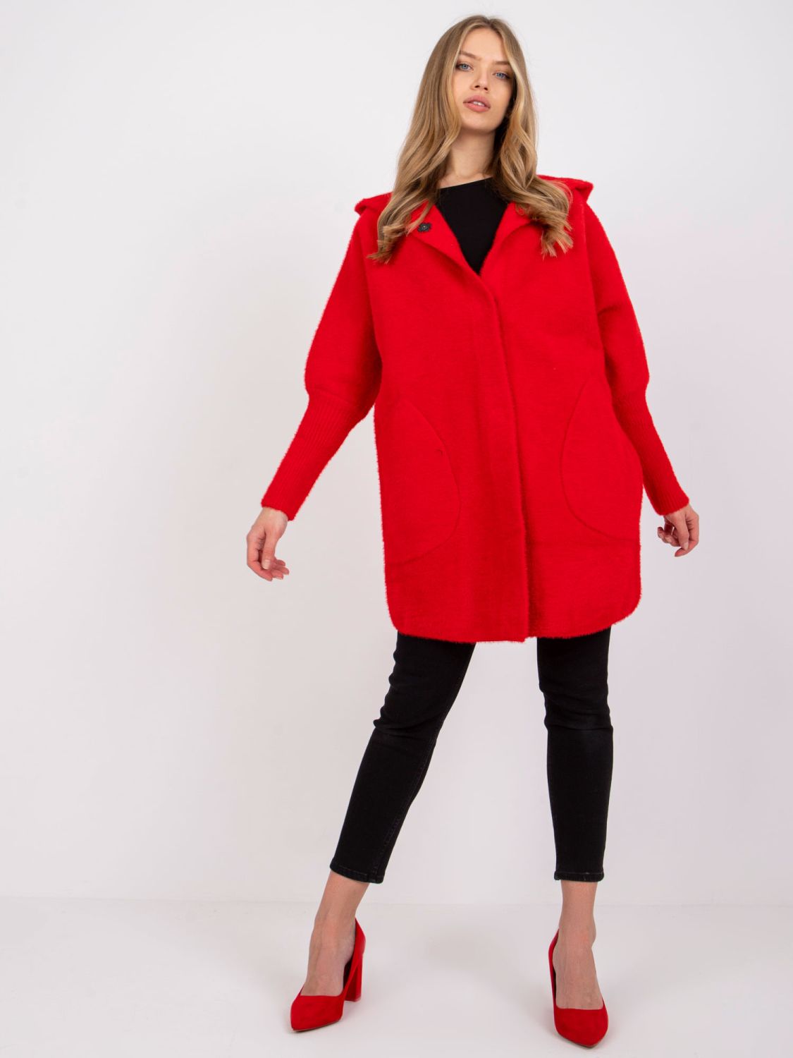 Red wool and angora transitional coat with hood, oversize fit
