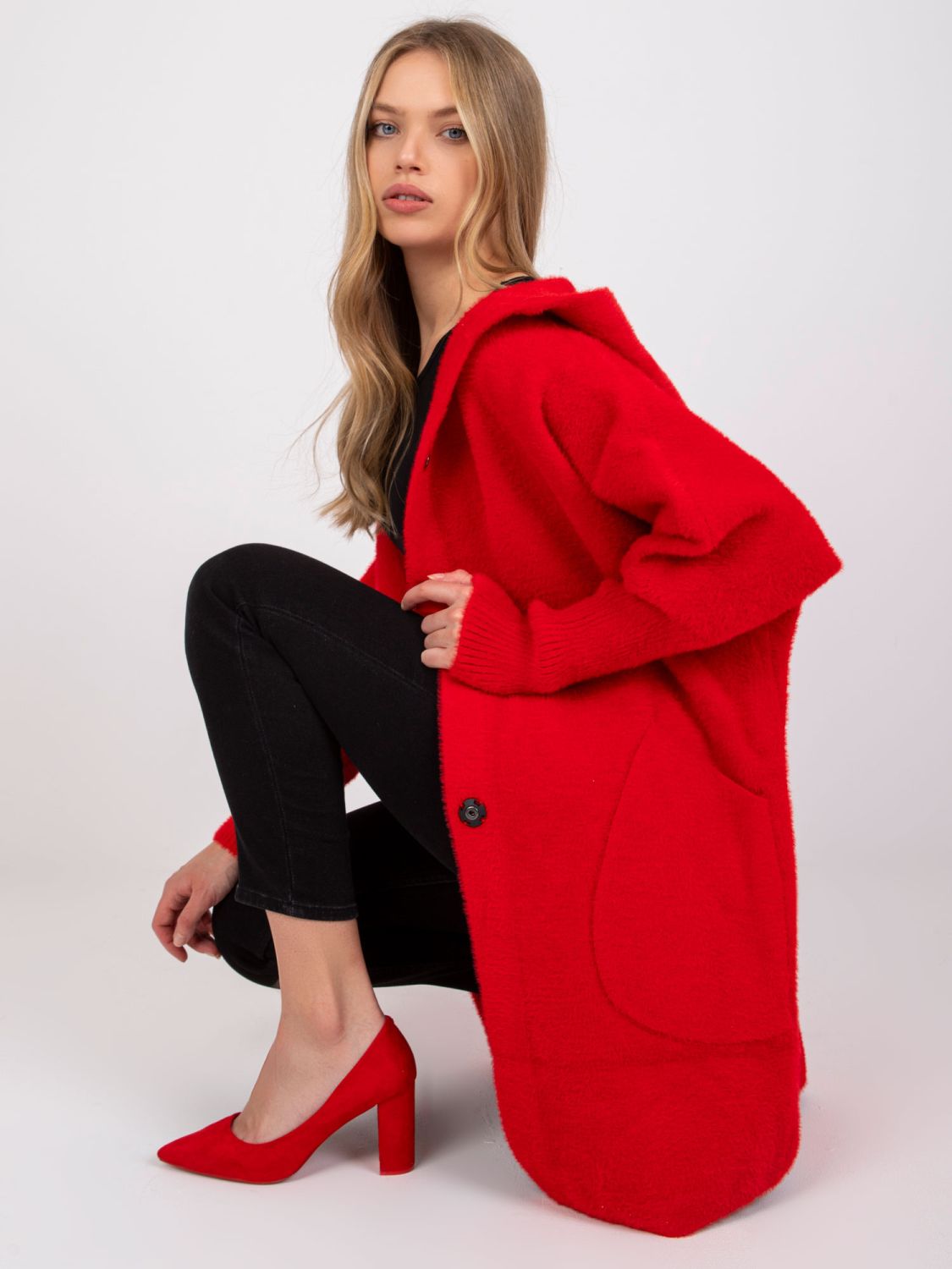 Red wool and angora transitional coat with hood, oversize fit