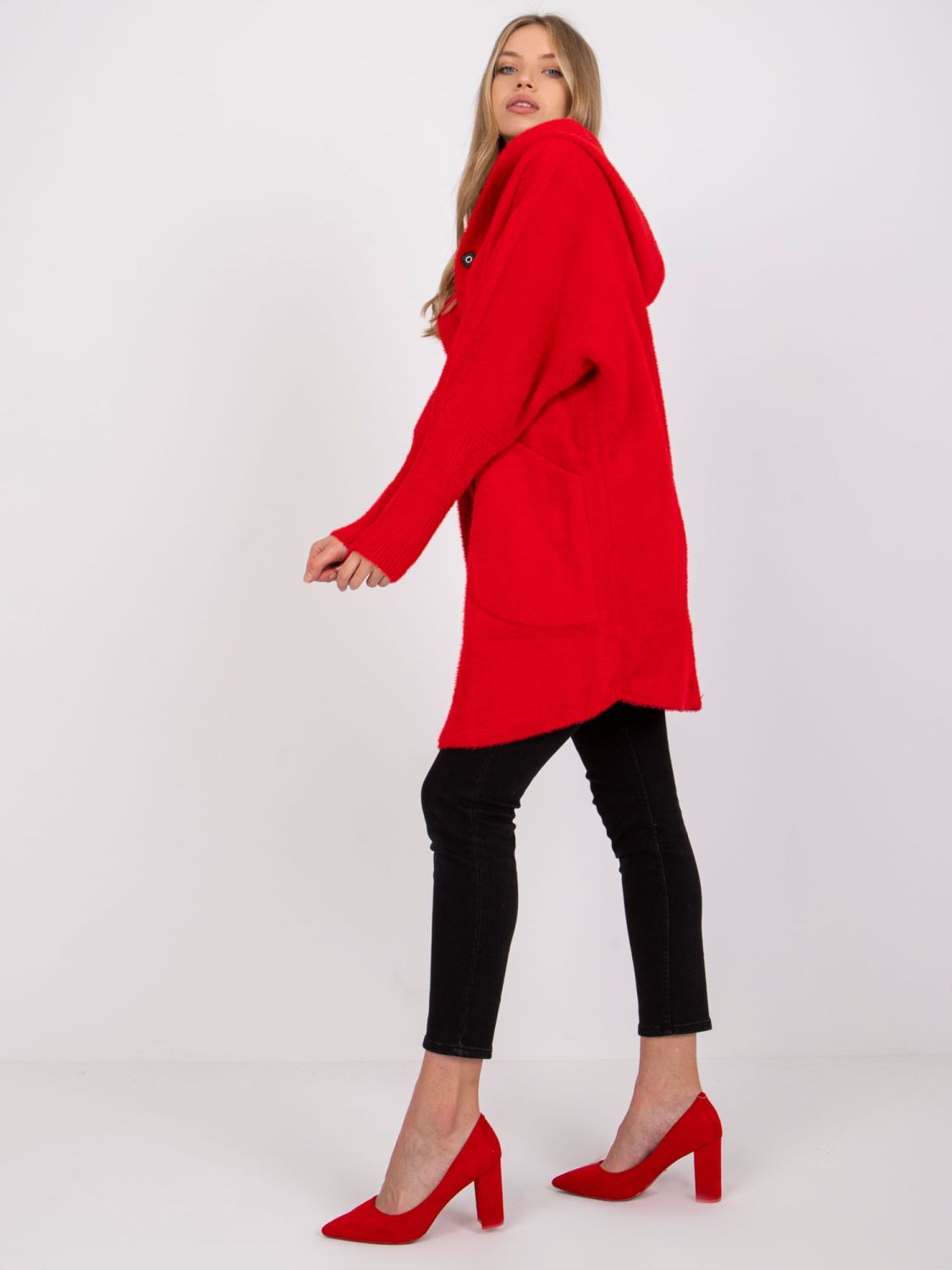 Red wool and angora transitional coat with hood, oversize fit