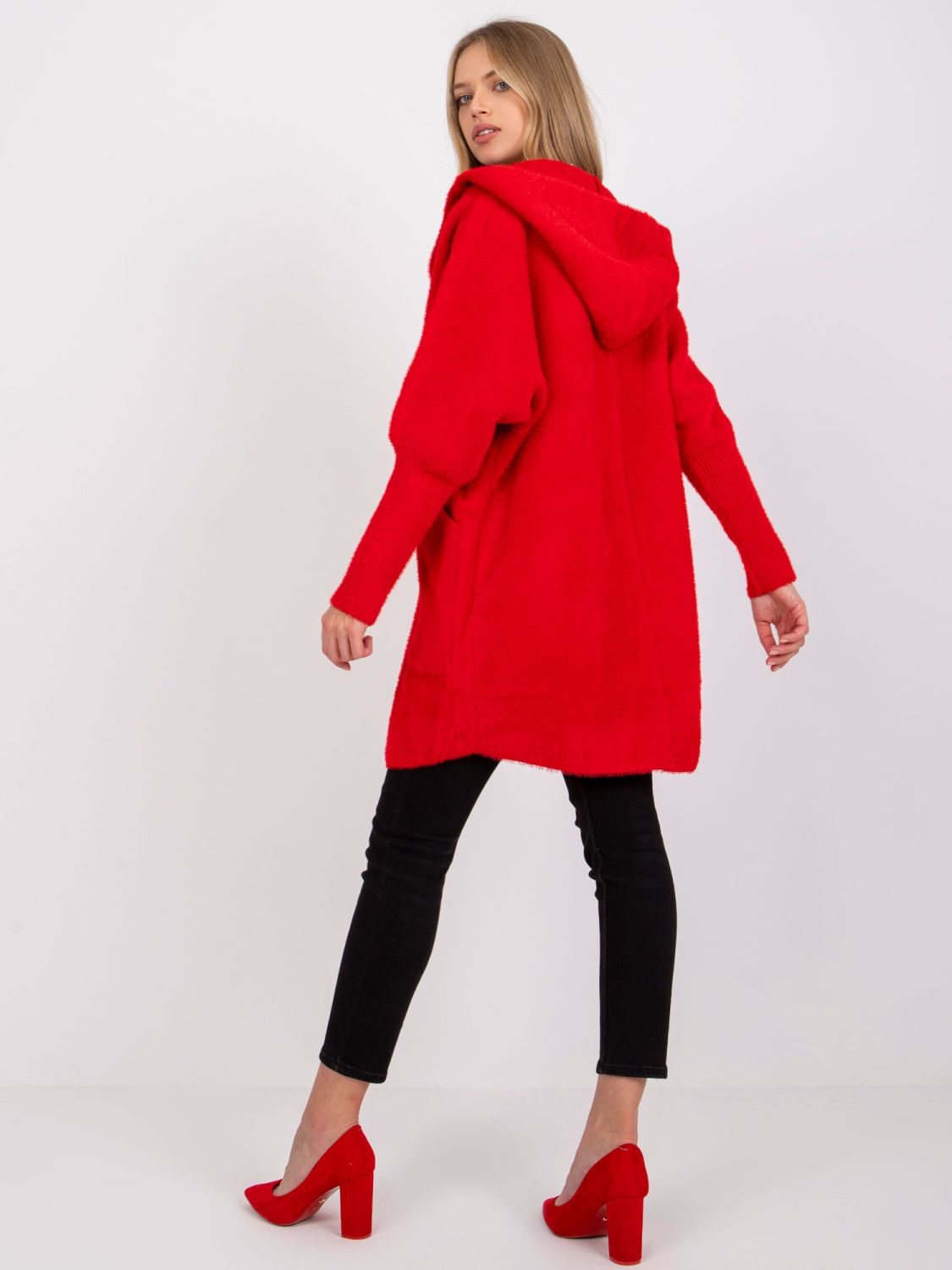 Red wool and angora transitional coat with hood, oversize fit