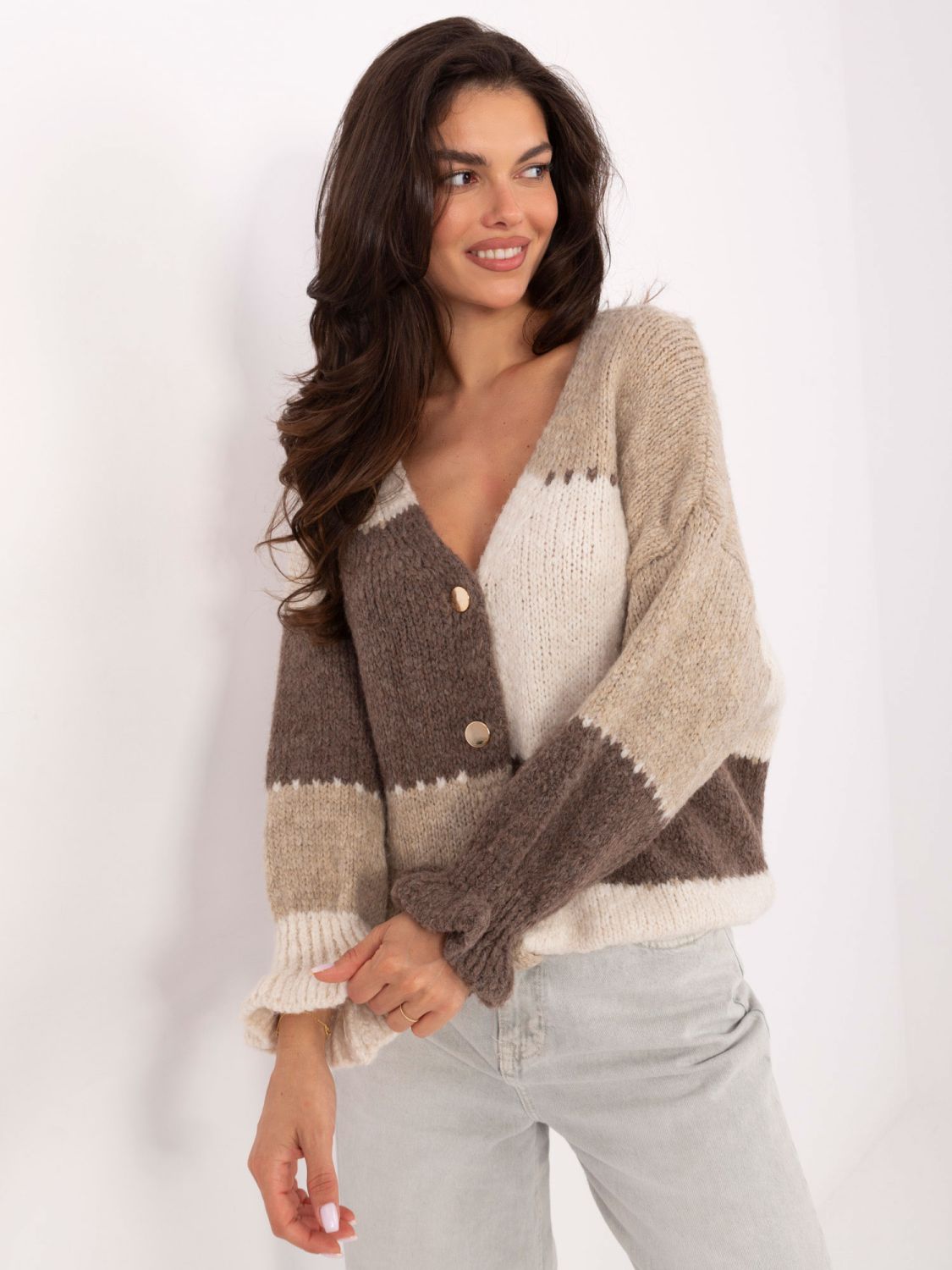 Beige striped sweater with ruffle and V-neck