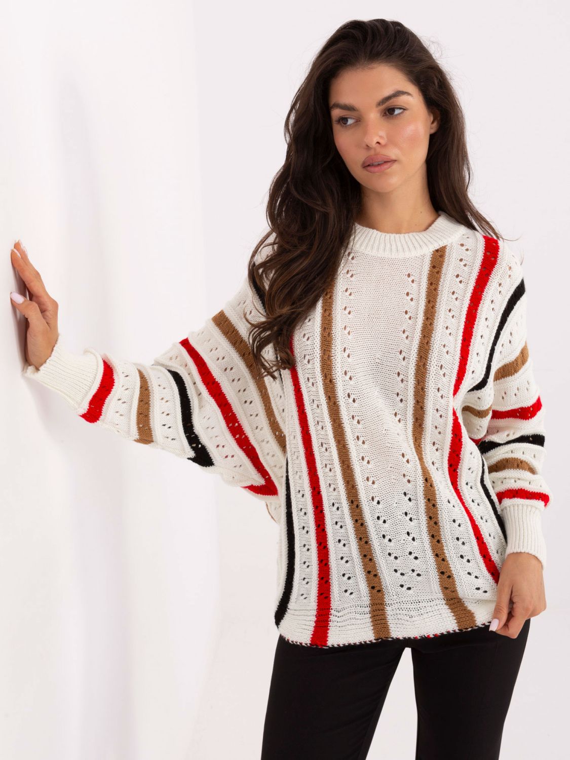 Ecru openwork sweater with stripes