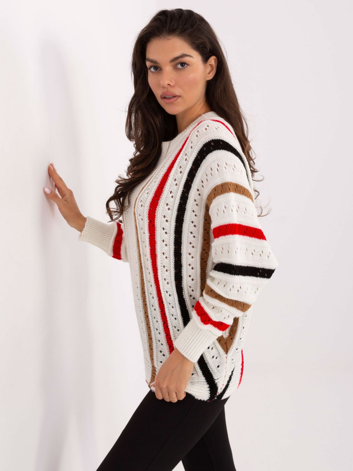 Ecru openwork sweater with stripes
