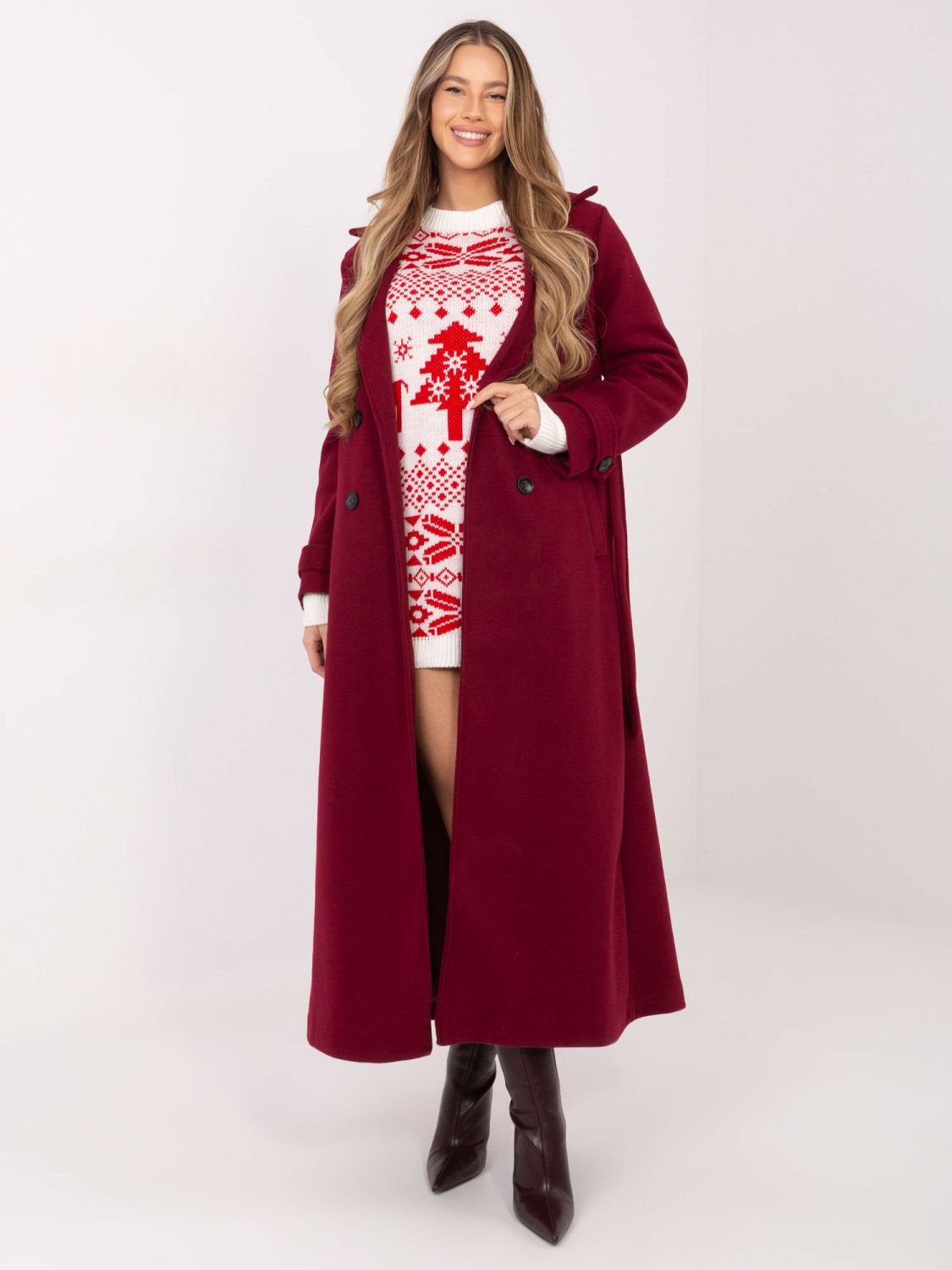 Long women's sweater with print, ecru