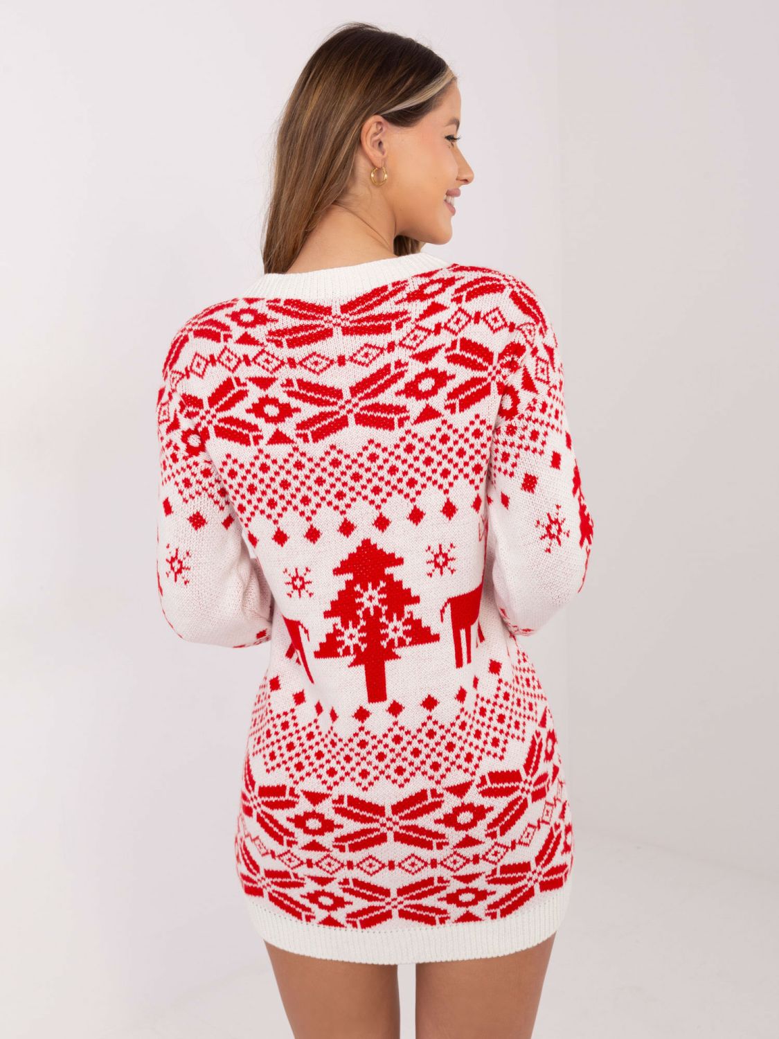 Long women's sweater with print, ecru