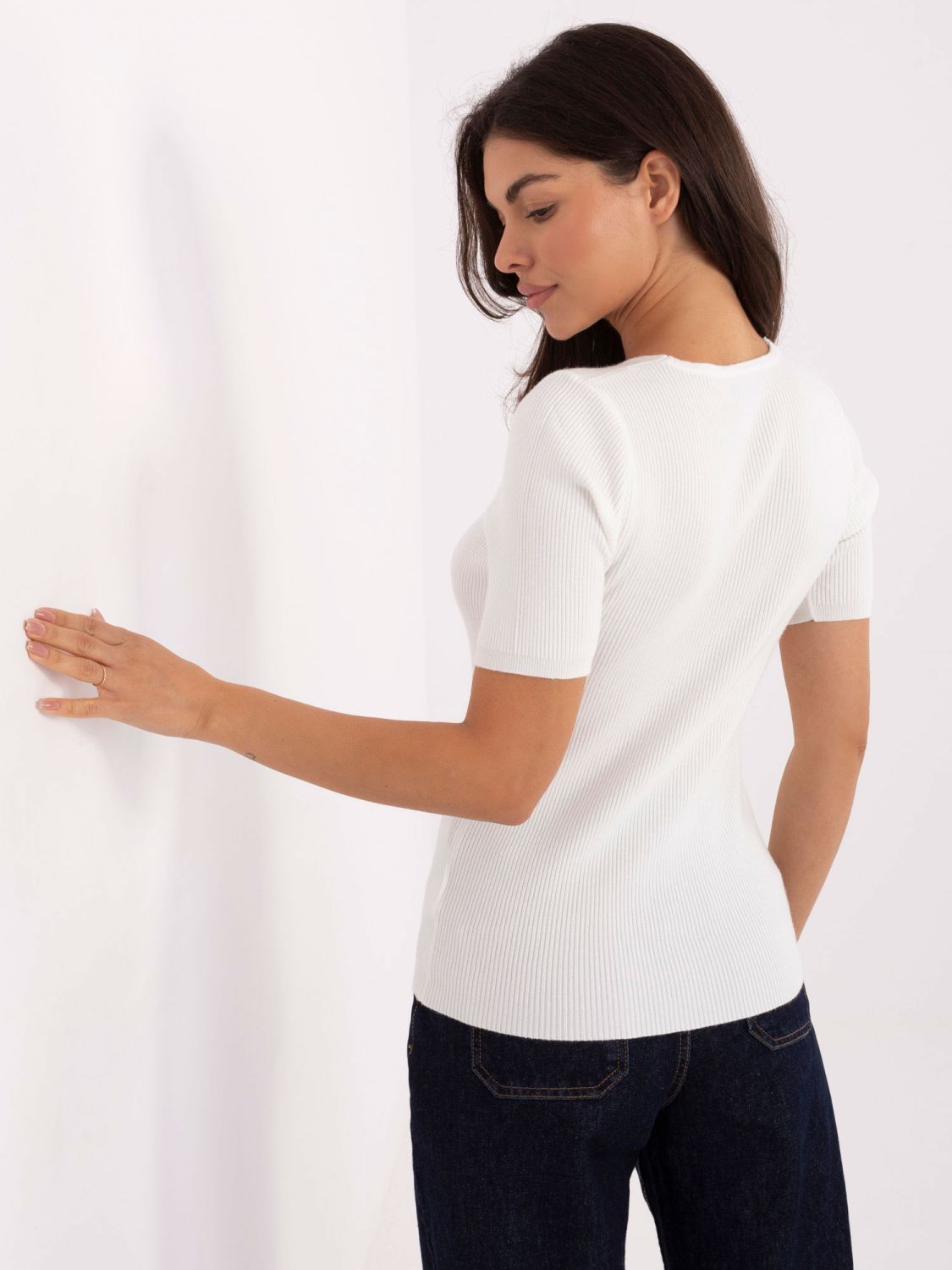 Ecru Ribbed V-Neck Sweater