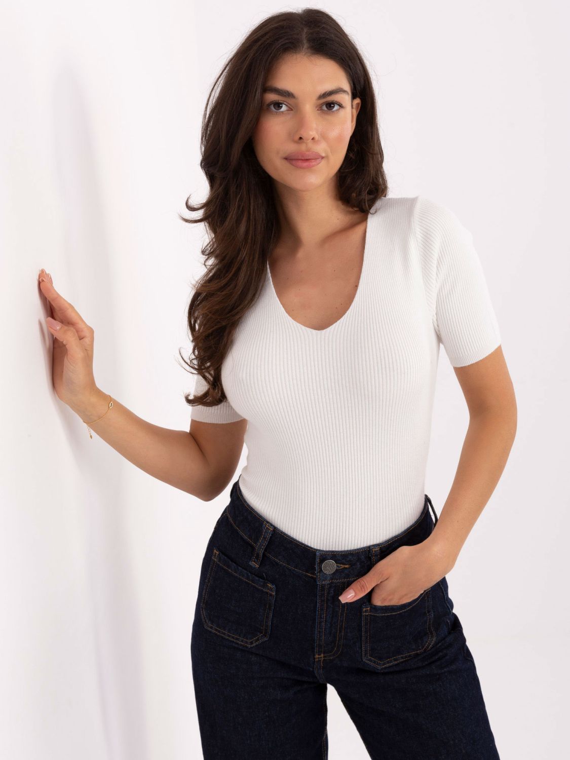 Ecru Ribbed V-Neck Sweater