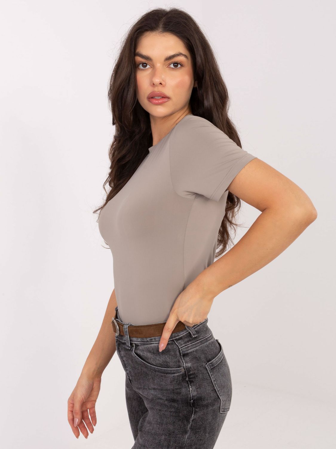 Beige smooth short-sleeve blouse