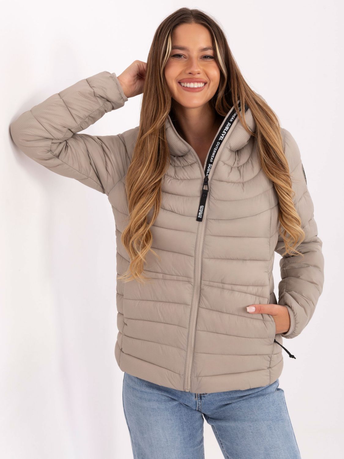 Beige quilted jacket with hood