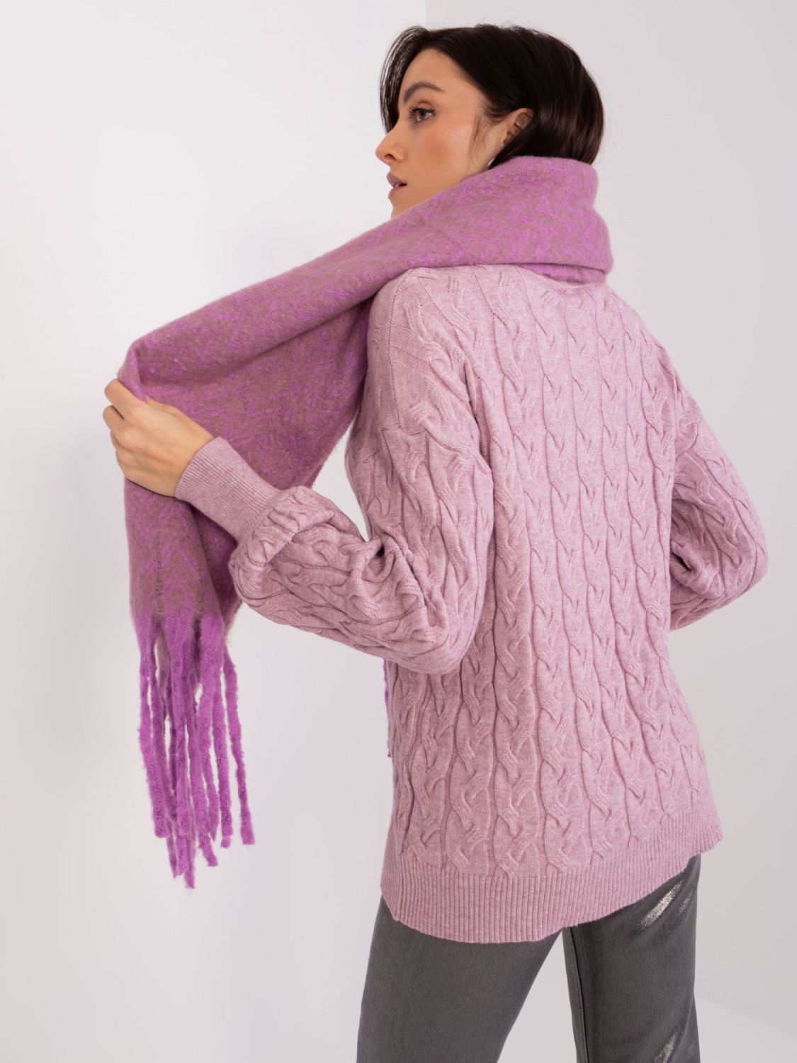 Purple-beige Scarf with Fringes