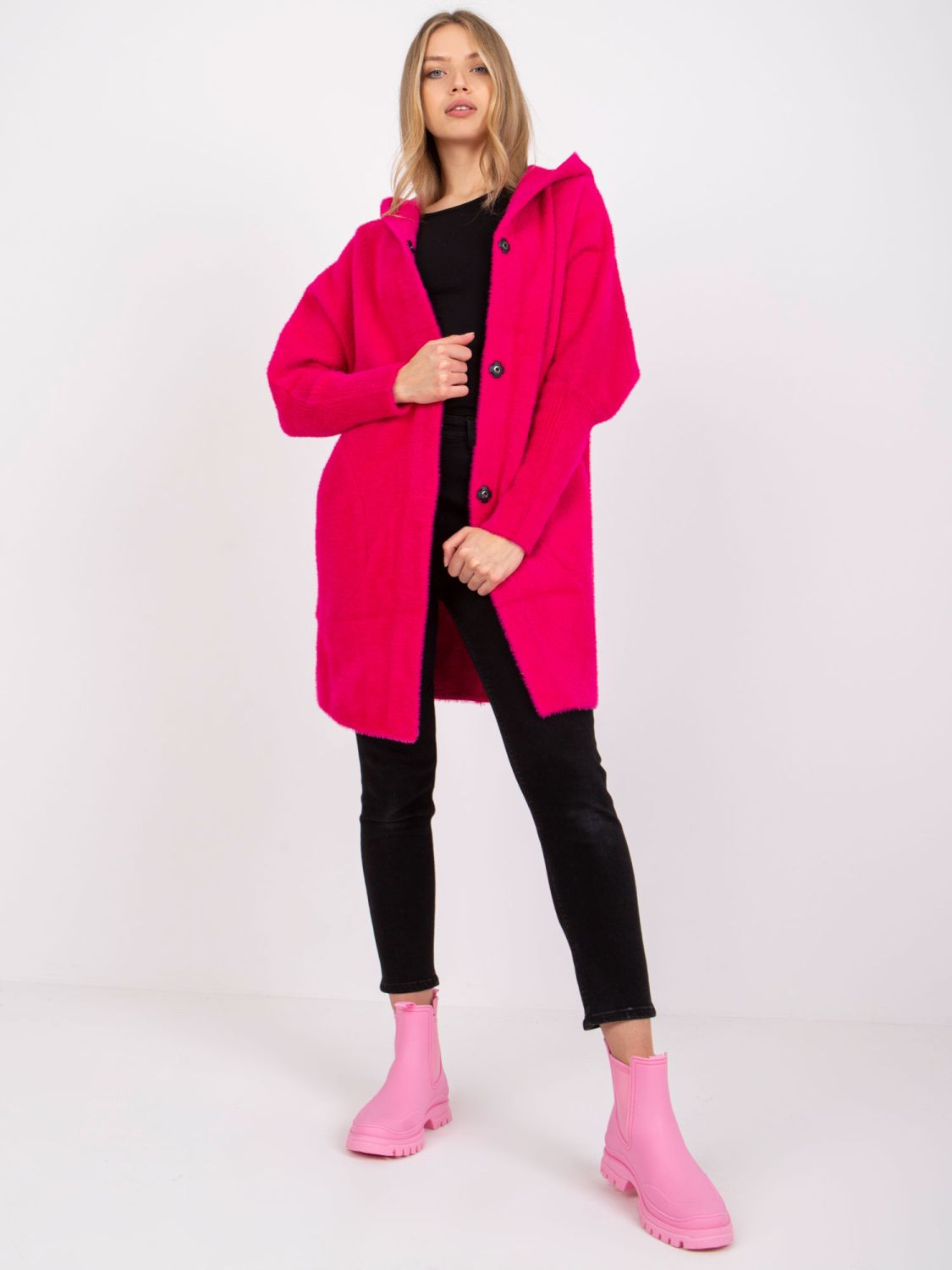 Fuchsia transitional wool-angora coat with hood