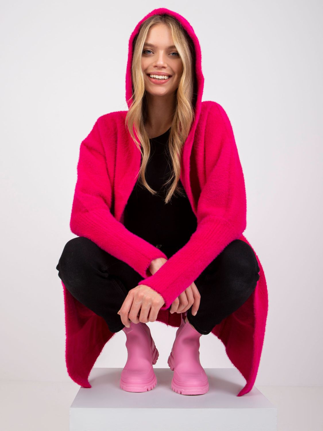 Fuchsia transitional wool-angora coat with hood