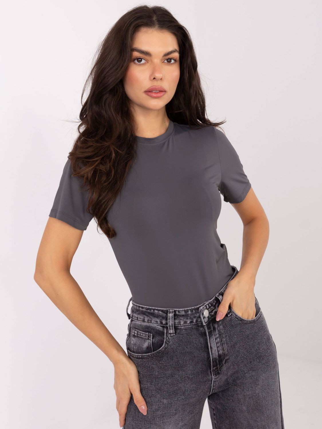 Graphite blouse with short sleeves and round neckline
