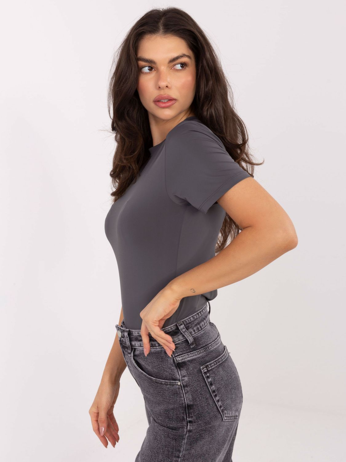 Graphite blouse with short sleeves and round neckline