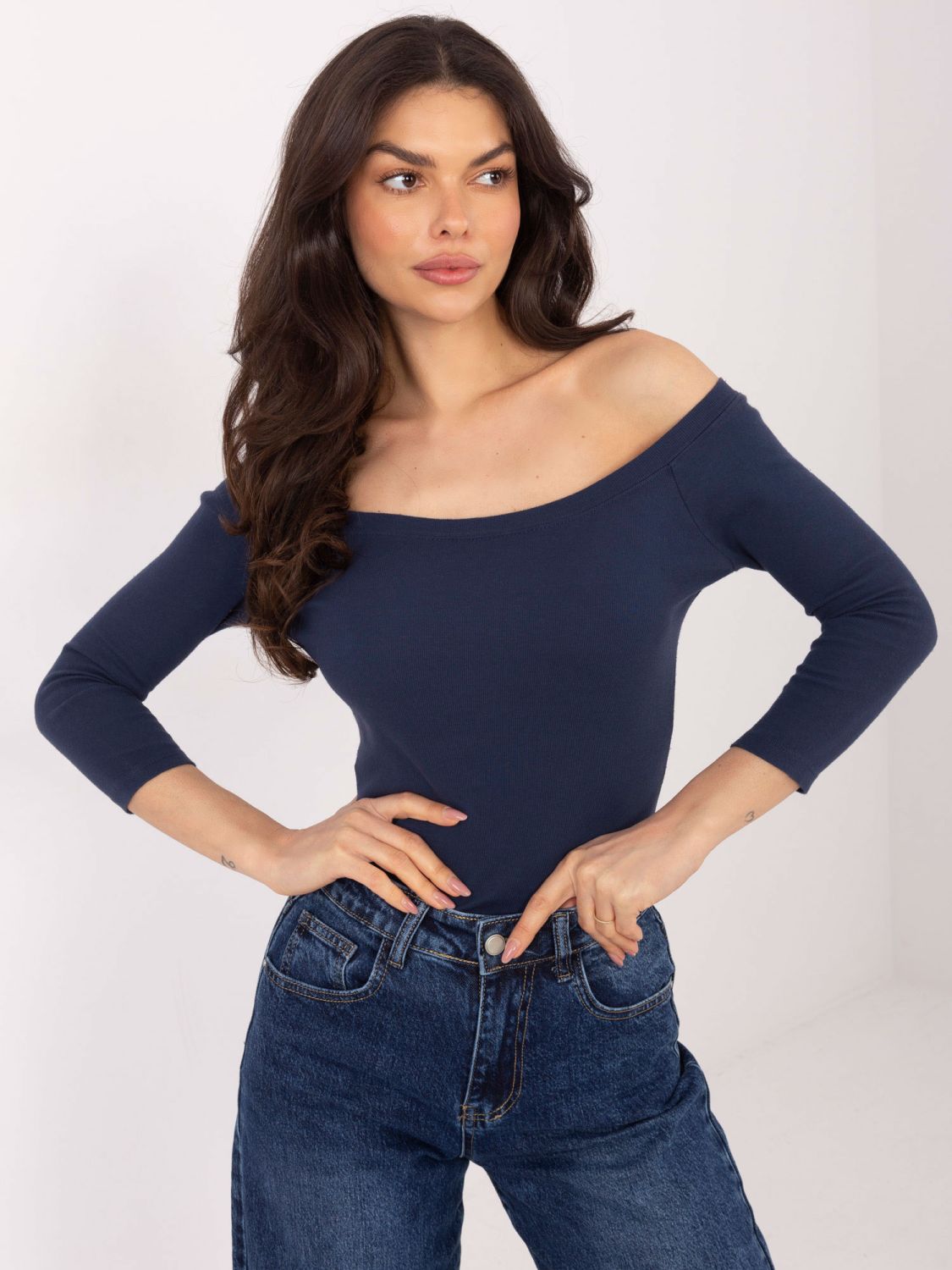 Navy cotton off-shoulder blouse