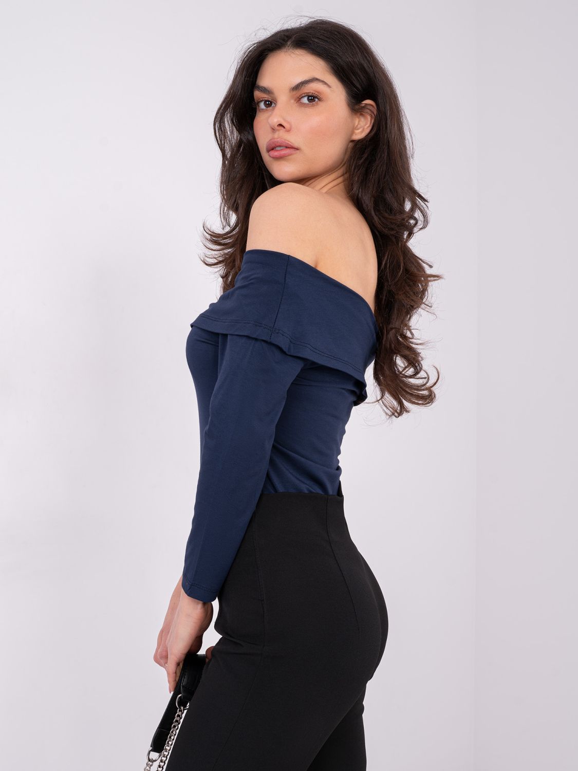 Navy blue off-shoulder blouse with 3/4 sleeves