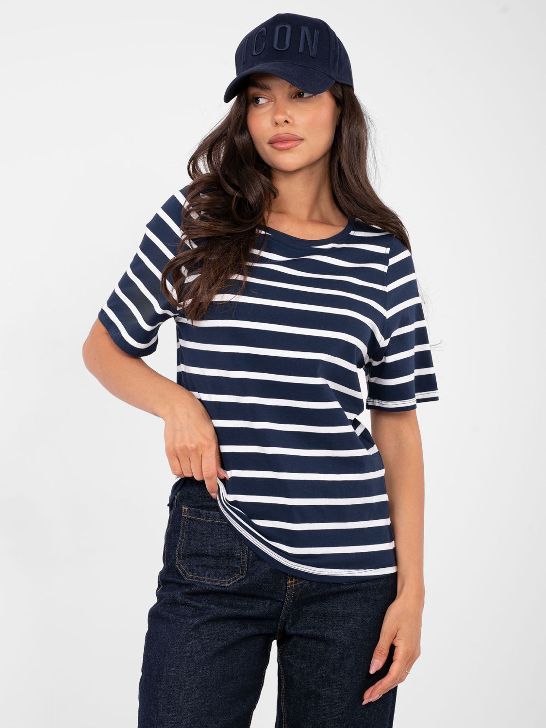 Women's striped short sleeve t-shirt, navy blue