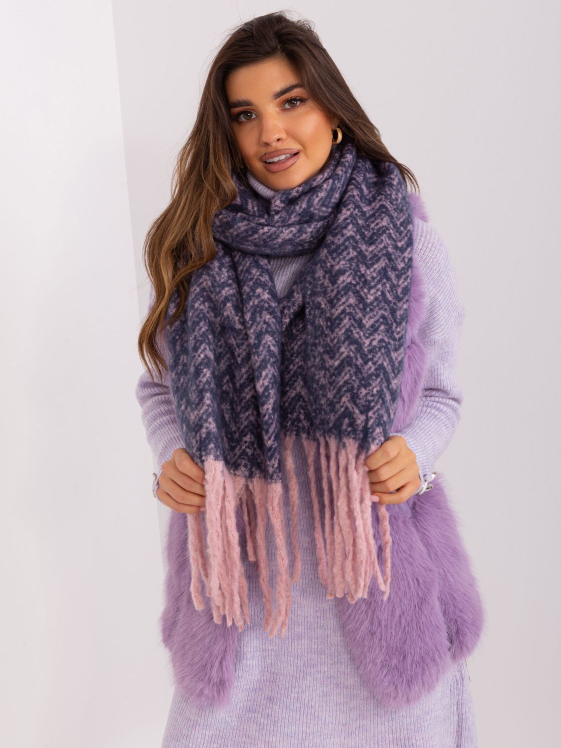 Navy Pink Fringed Scarf