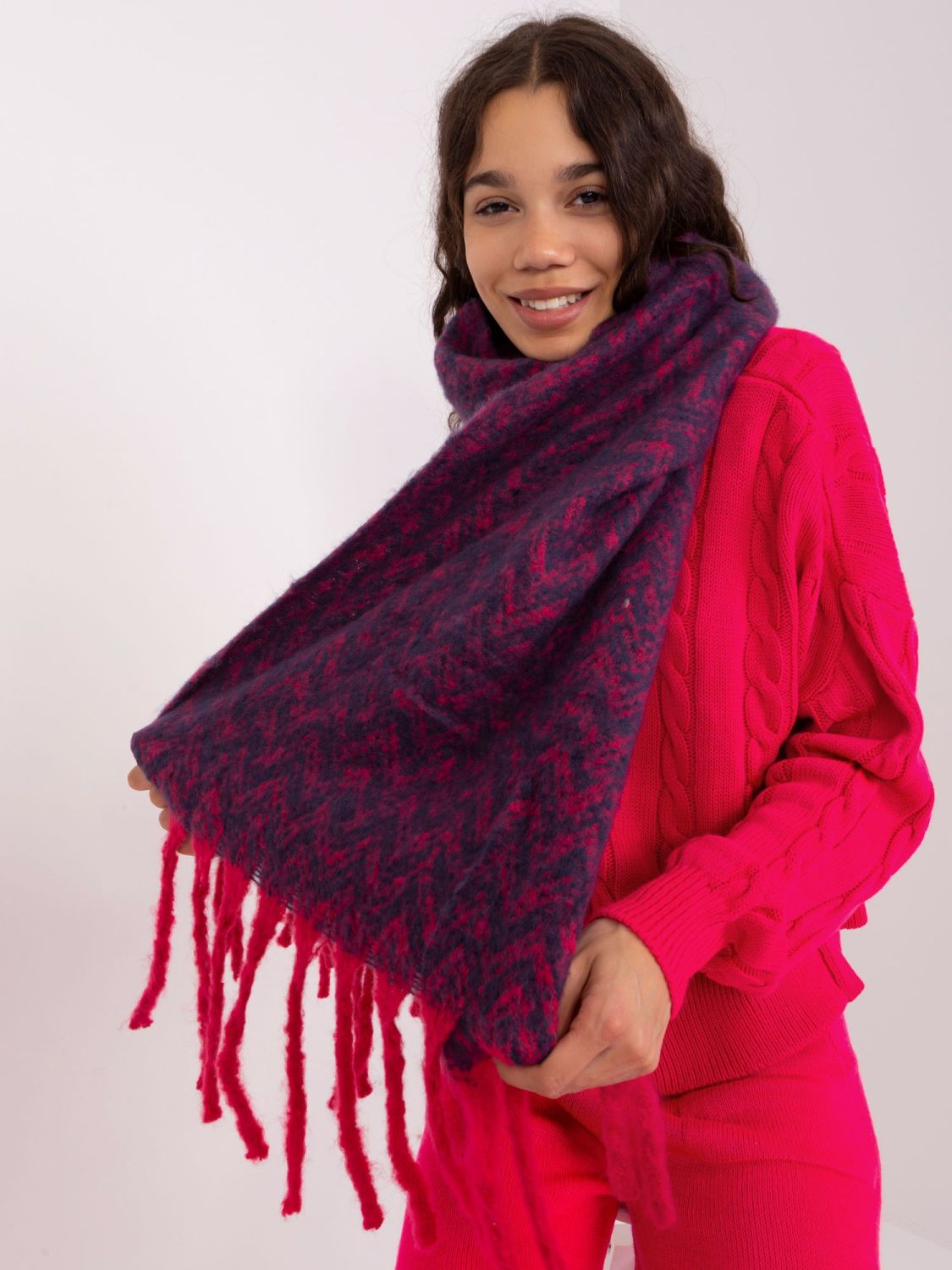 Women's Scarf in Navy Blue and Pink with Geometric Pattern