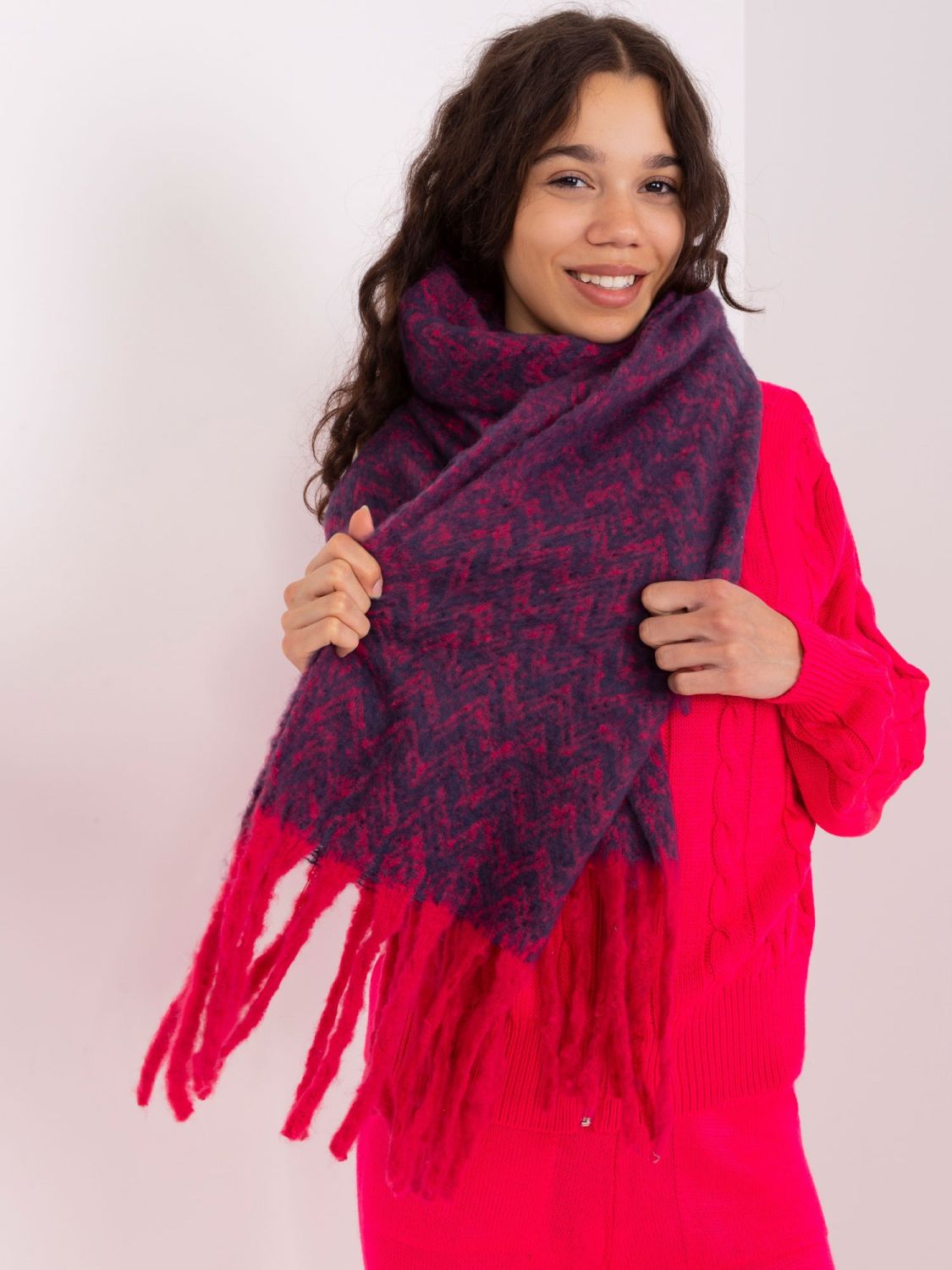 Women's Scarf in Navy Blue and Pink with Geometric Pattern