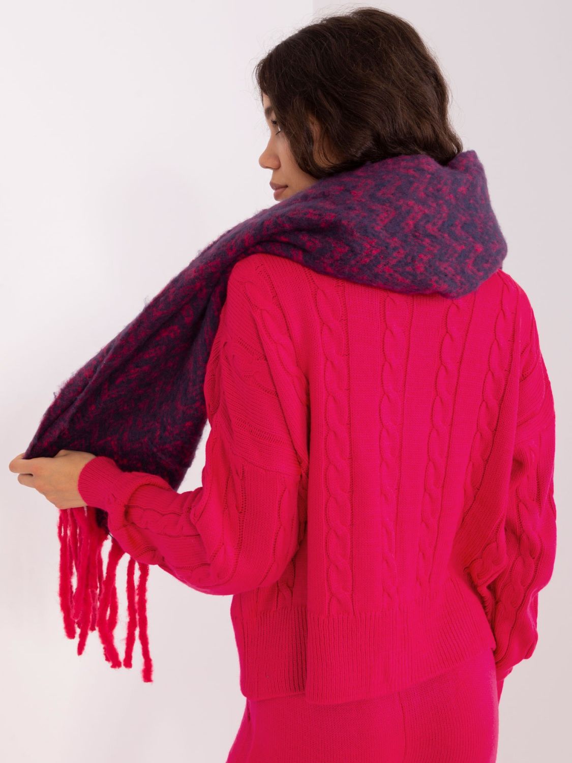 Women's Scarf in Navy Blue and Pink with Geometric Pattern
