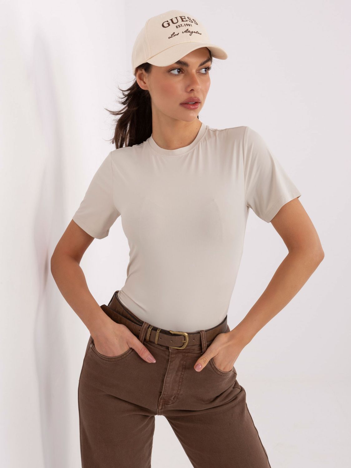 Beige smooth short-sleeve blouse