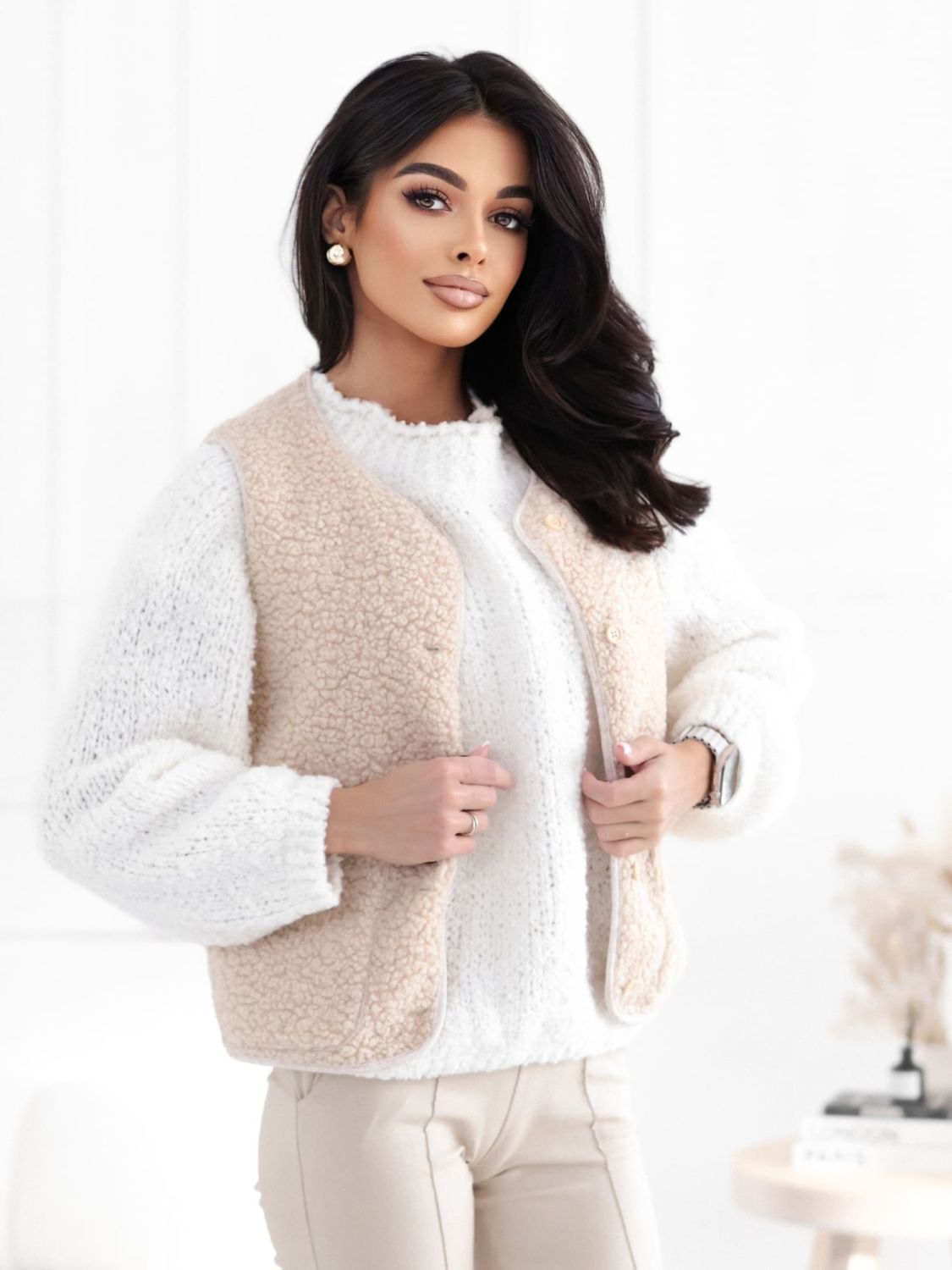 Beige faux fur vest with buttons