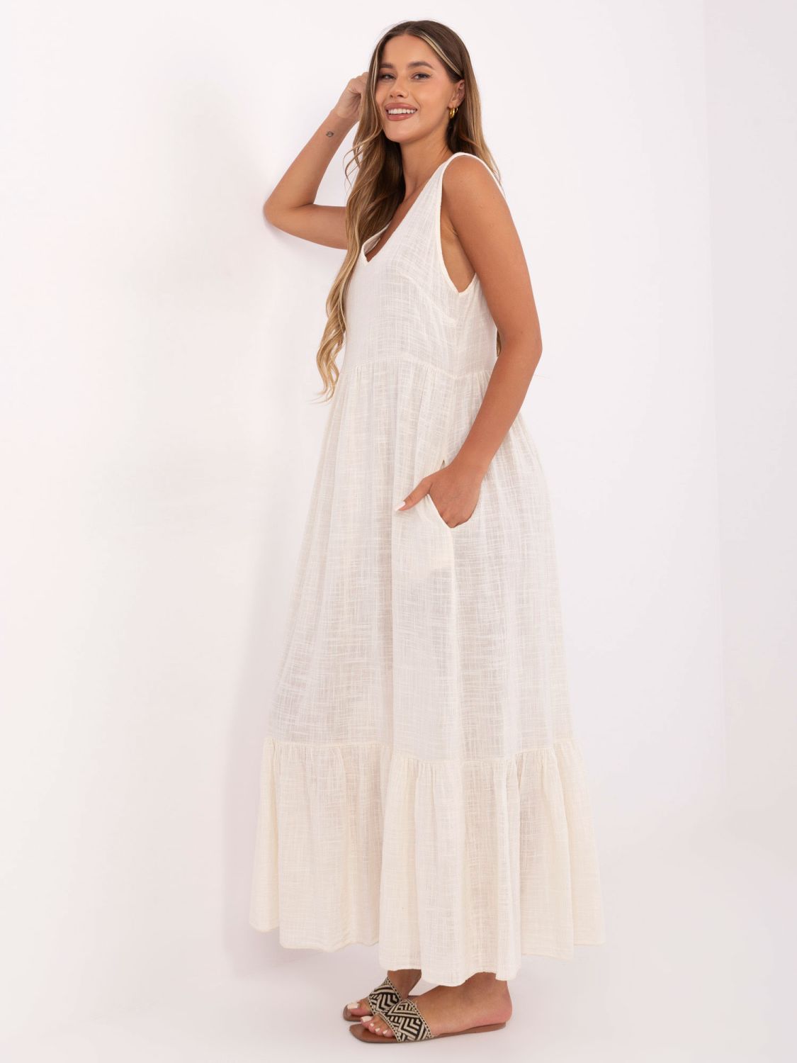 Maxi Dress with V-Neck in Light Beige
