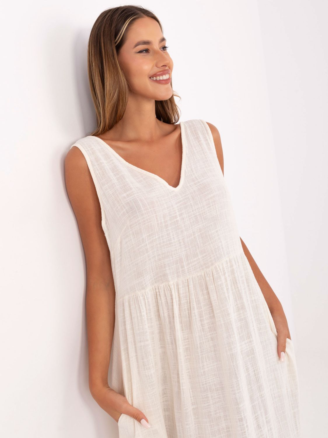 Maxi Dress with V-Neck in Light Beige