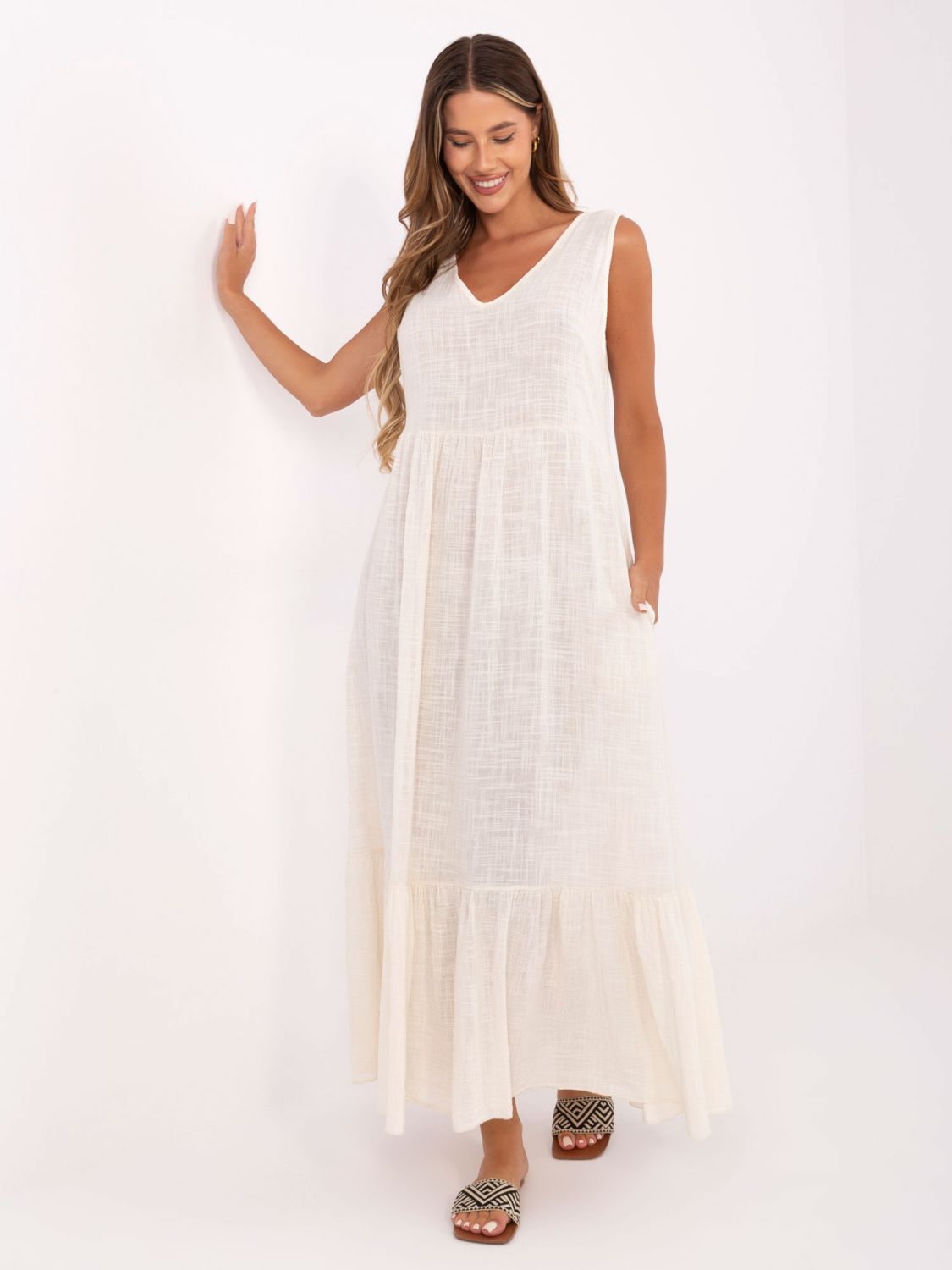 Maxi Dress with V-Neck in Light Beige