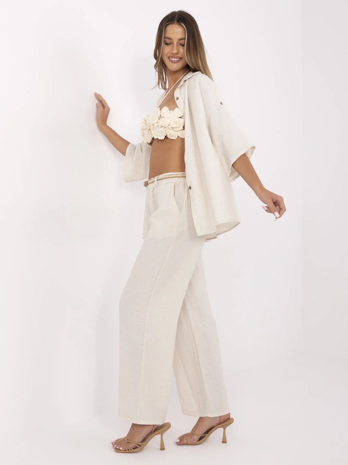 Beige Wide Leg Pants with Belt
