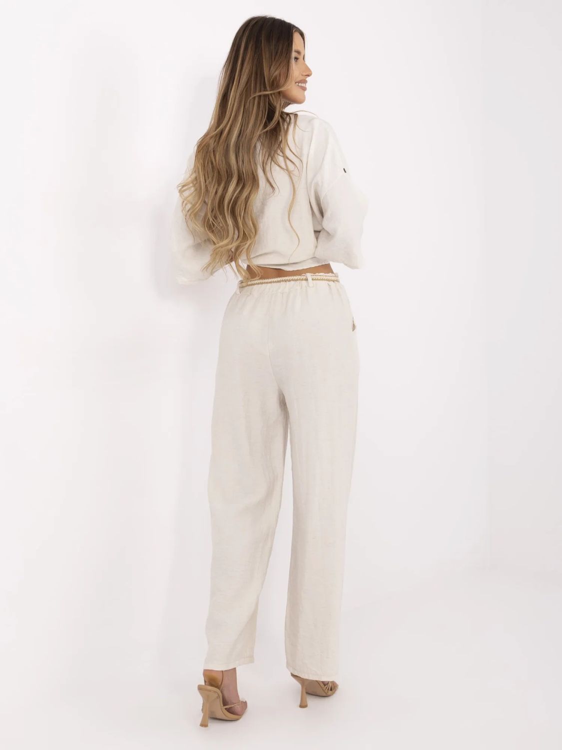 Beige Wide Leg Pants with Belt
