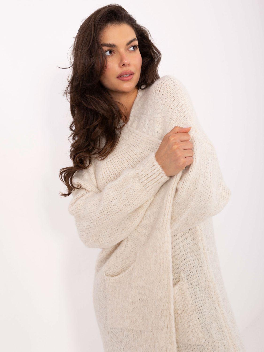Beige long cardigan with pockets